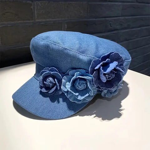 Navy Beret Hat with Floral Embellishment