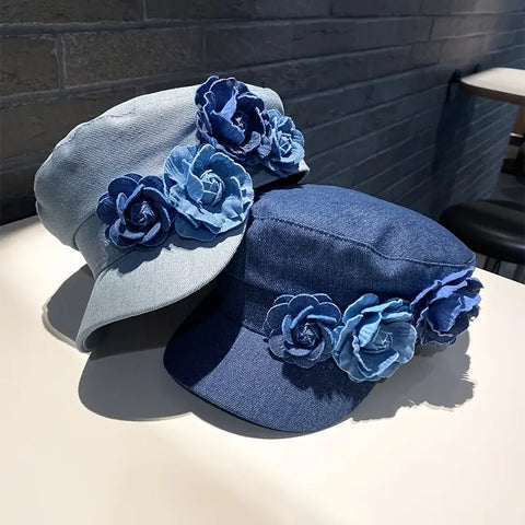 Navy Beret Hat with Floral Embellishment