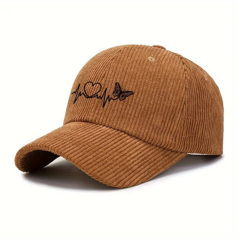 Corduroy Baseball Cap with Heartbeat & Butterfly Print