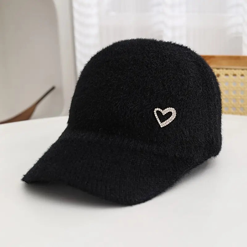 Love Heart Embellished Faux Mink Baseball Cap