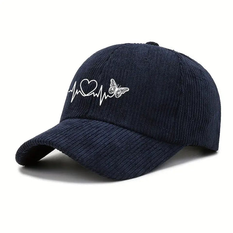 Corduroy Baseball Cap with Heartbeat & Butterfly Print