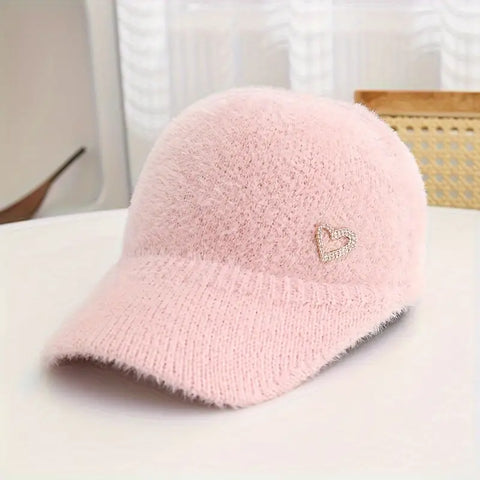 Love Heart Embellished Faux Mink Baseball Cap