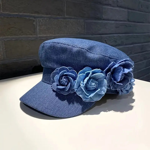 Navy Beret Hat with Floral Embellishment