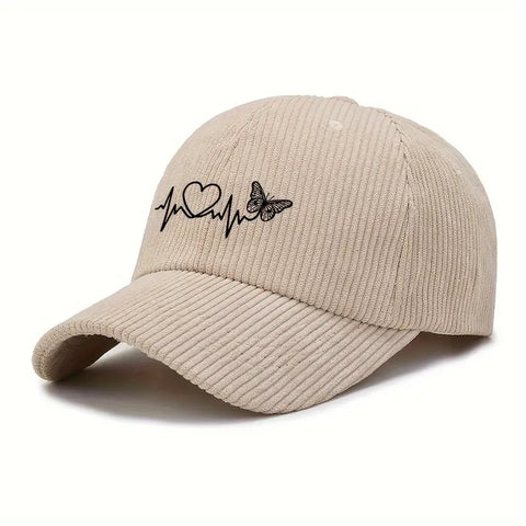 Corduroy Baseball Cap with Heartbeat & Butterfly Print