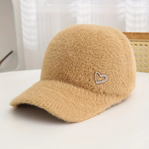 Love Heart Embellished Faux Mink Baseball Cap