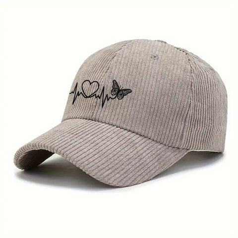 Corduroy Baseball Cap with Heartbeat & Butterfly Print