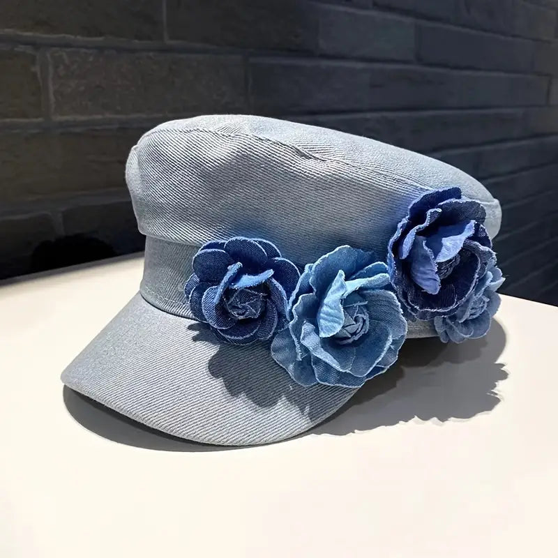 Navy Beret Hat with Floral Embellishment