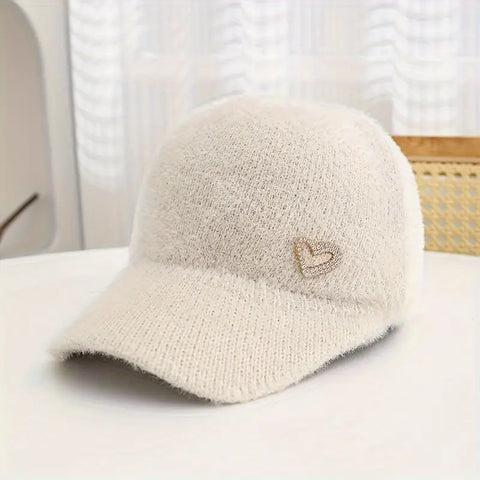 Love Heart Embellished Faux Mink Baseball Cap